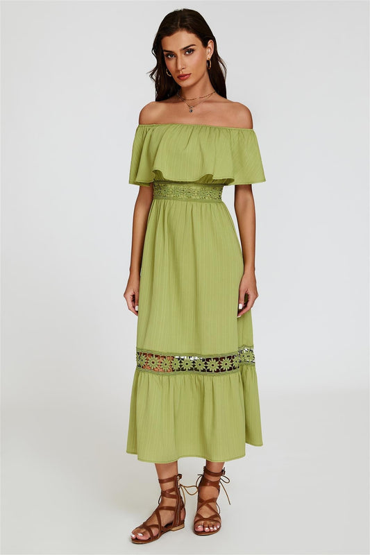 Pistazie Carmen Maxikleid mit Häkelspitze