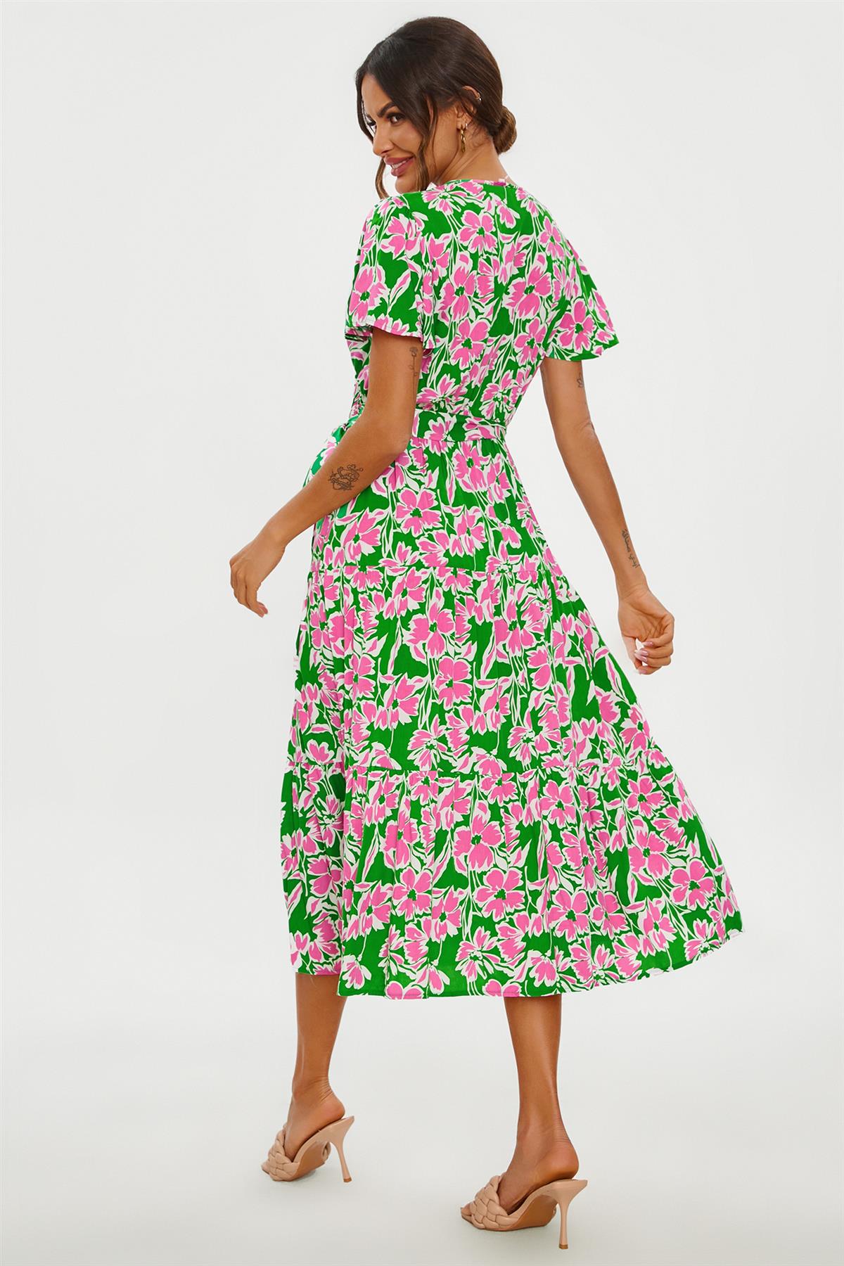 Flamingo Midikleid mit Blumen und Wickeloberteil