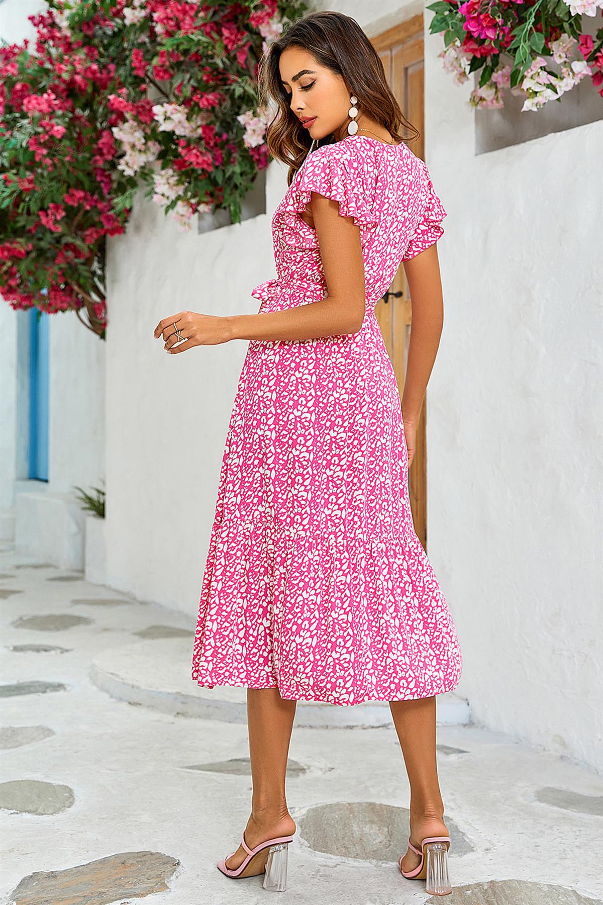 Fuchsia-Pinkes Leoparden Midi-Kleid - Fließende Wickel-Optik