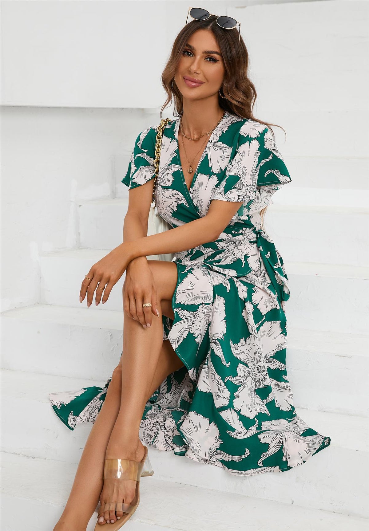 Botanica Wickelkleid mit großen Blüten in Grün