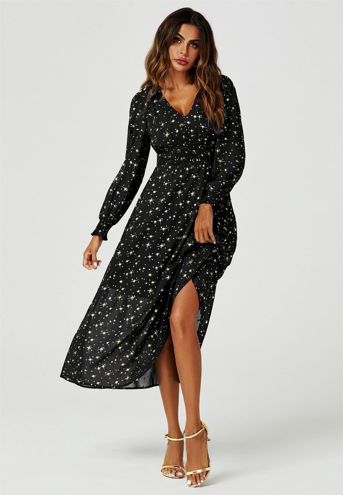 Sternenstaub Maxikleid mit Goldsternen in Schwarz