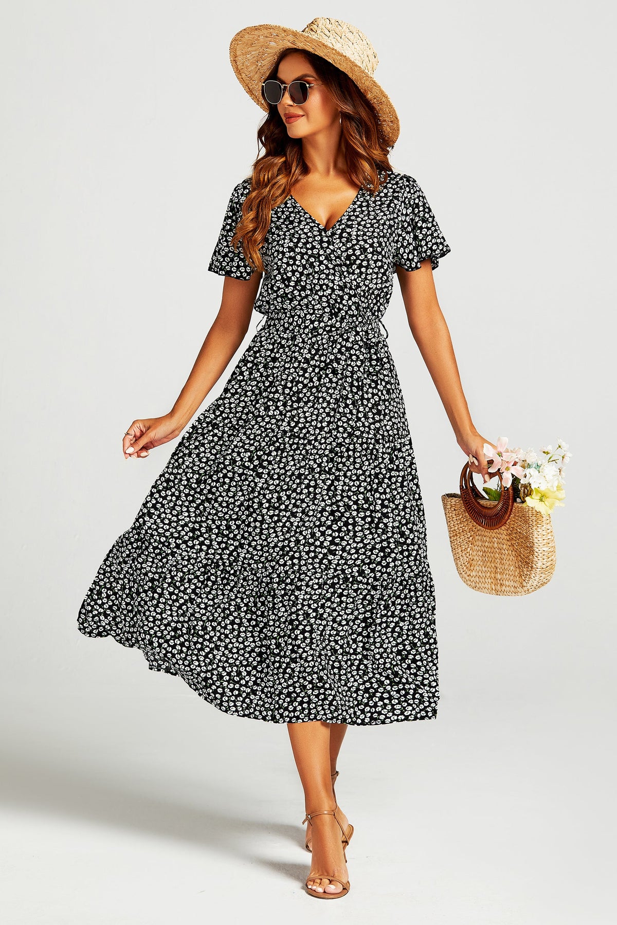 Margerite Wickelkleid mit Blümchen in Schwarz