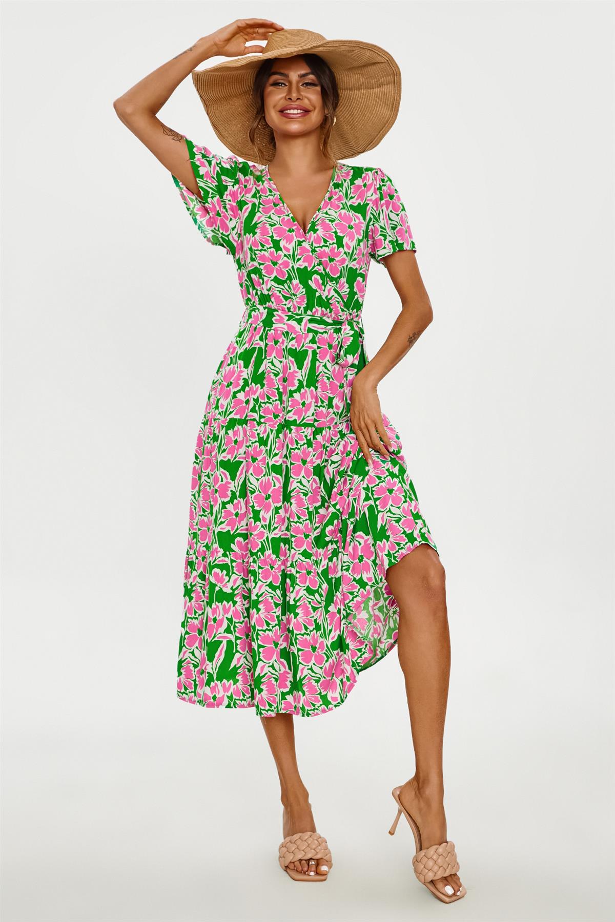 Flamingo Midikleid mit Blumen und Wickeloberteil