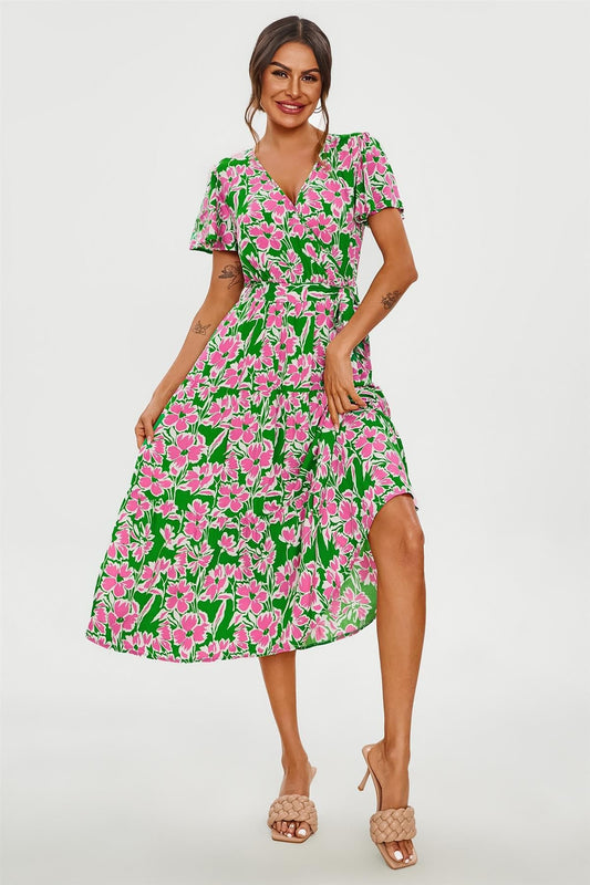Flamingo Midikleid mit Blumen und Wickeloberteil