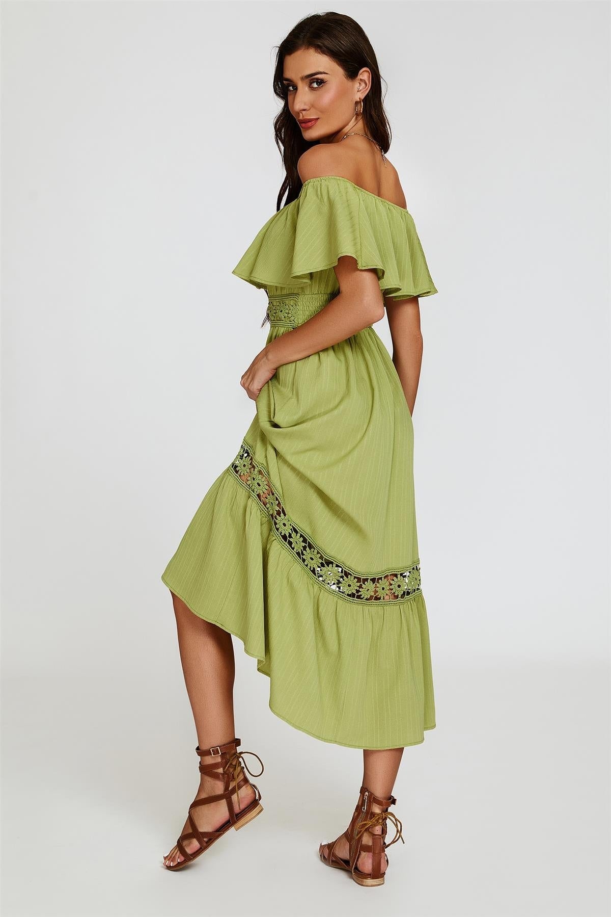 Pistazie Carmen Maxikleid mit Häkelspitze