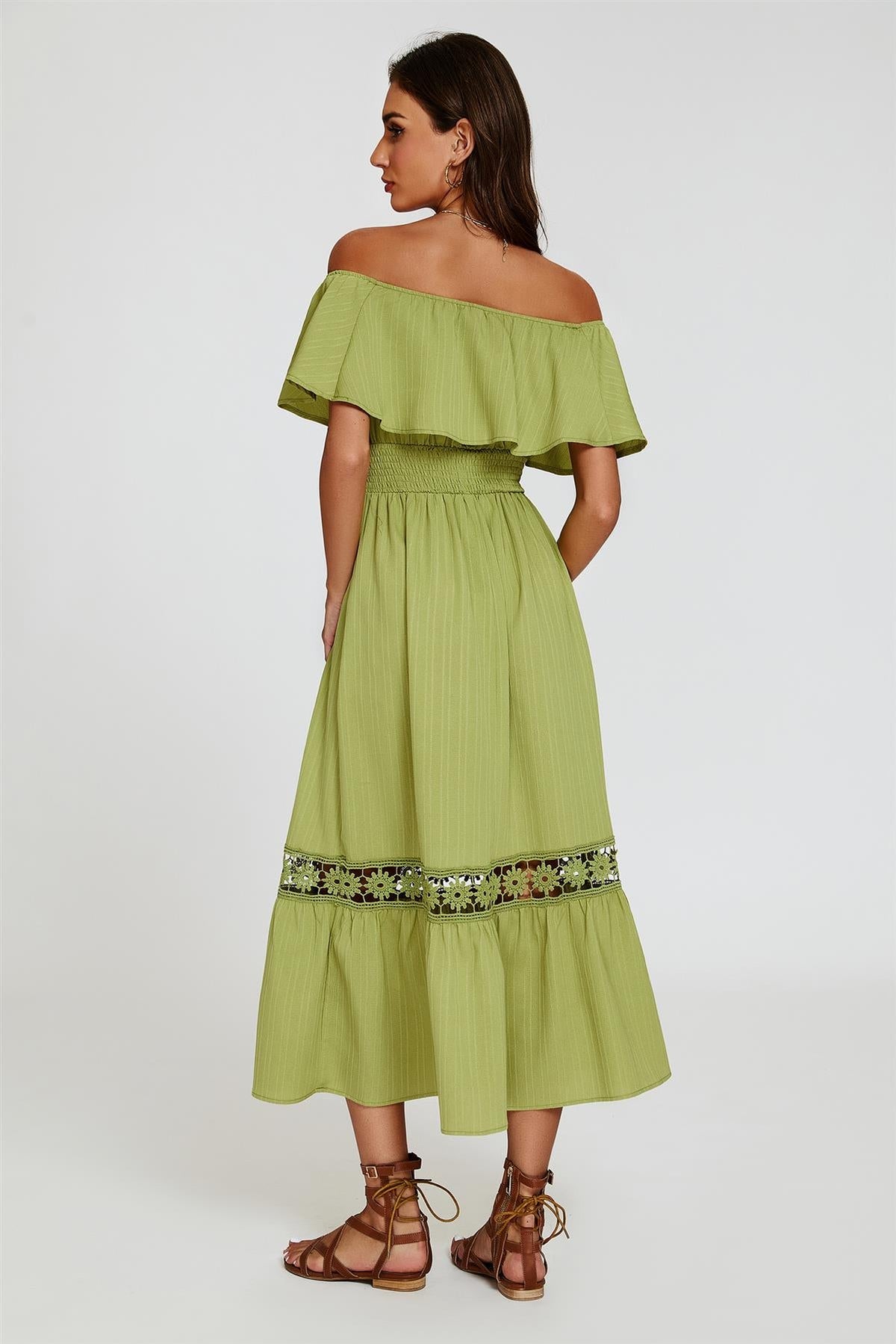Pistazie Carmen Maxikleid mit Häkelspitze