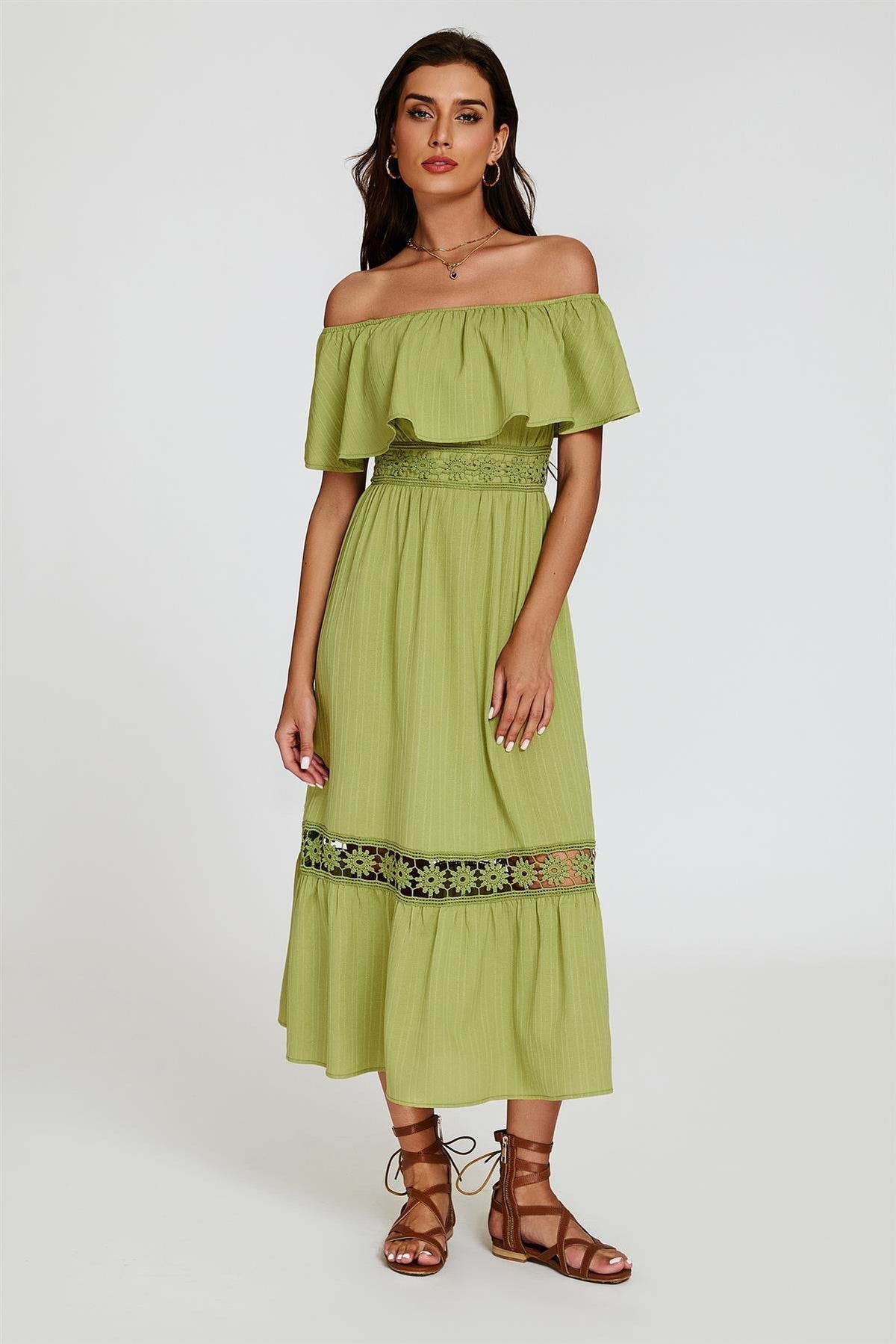 Pistazie Carmen Maxikleid mit Häkelspitze