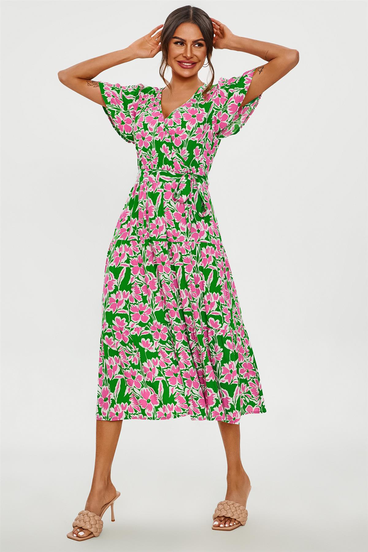 Flamingo Midikleid mit Blumen und Wickeloberteil