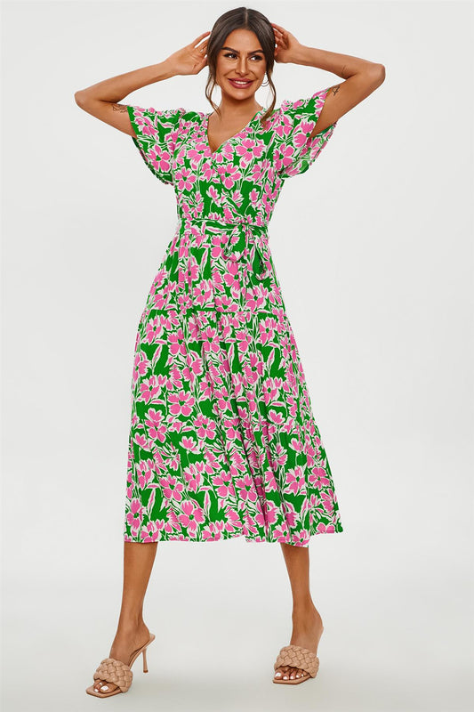 Flamingo Midikleid mit Blumen und Wickeloberteil