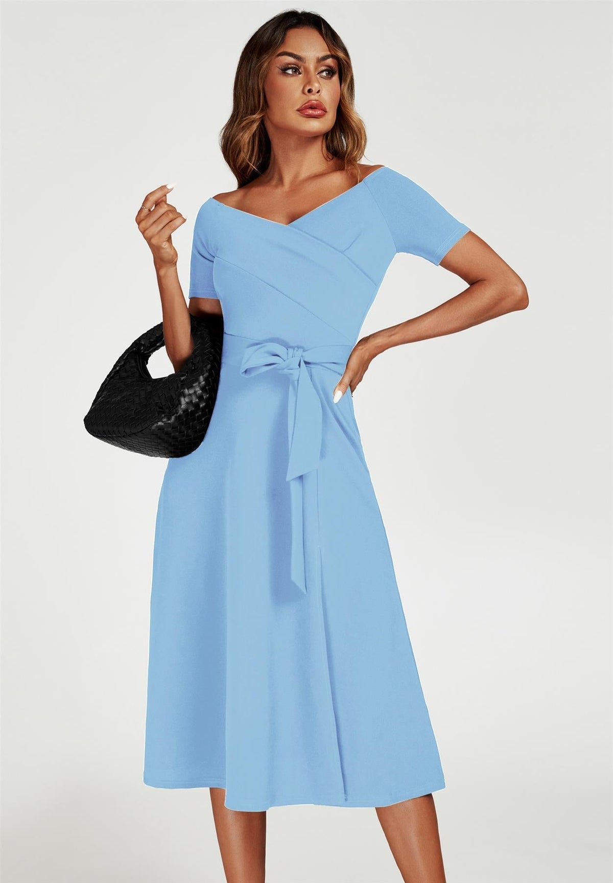Aquamarin Carmen Midikleid mit Schleife in Hellblau