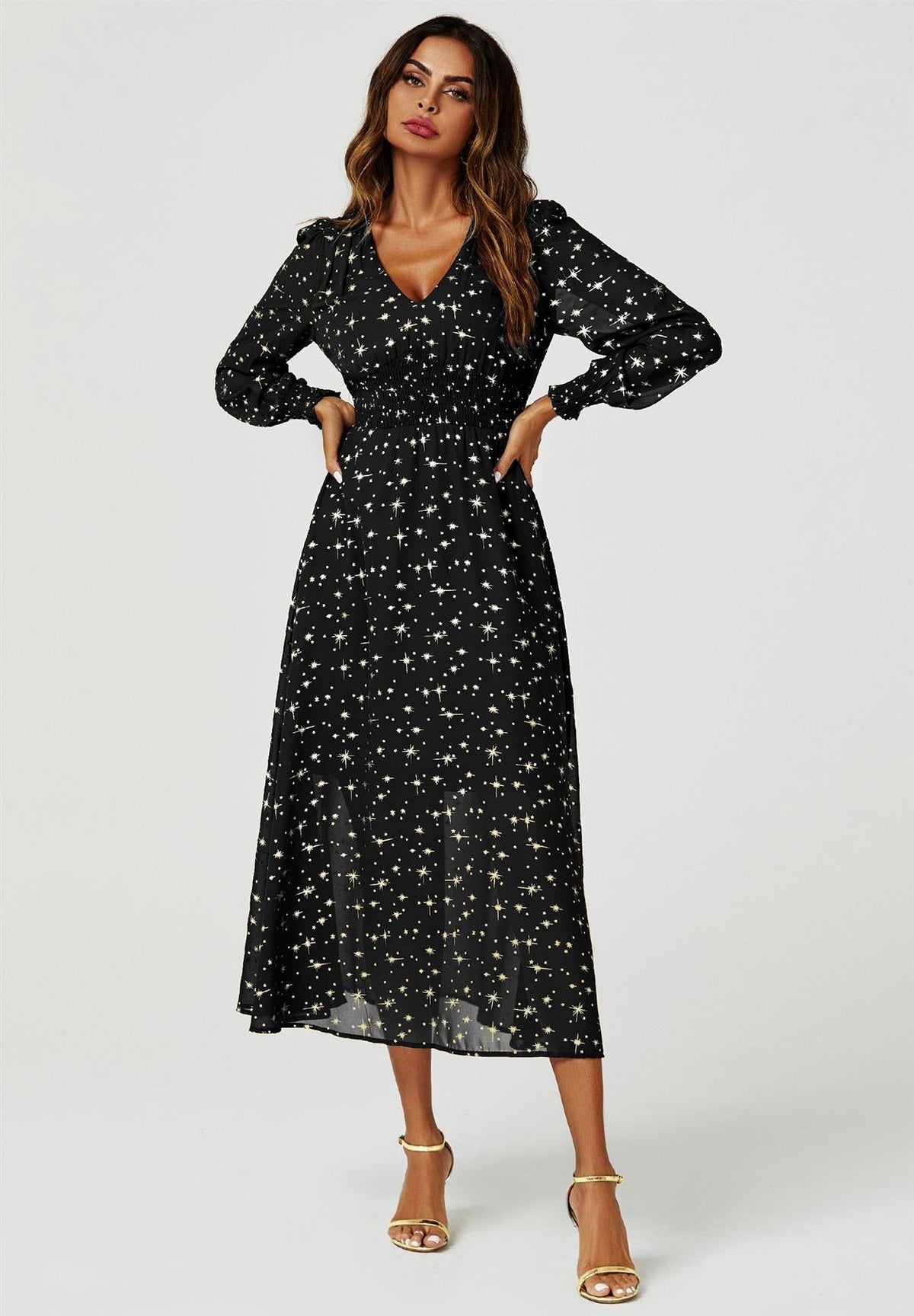 Sternenstaub Maxikleid mit Goldsternen in Schwarz