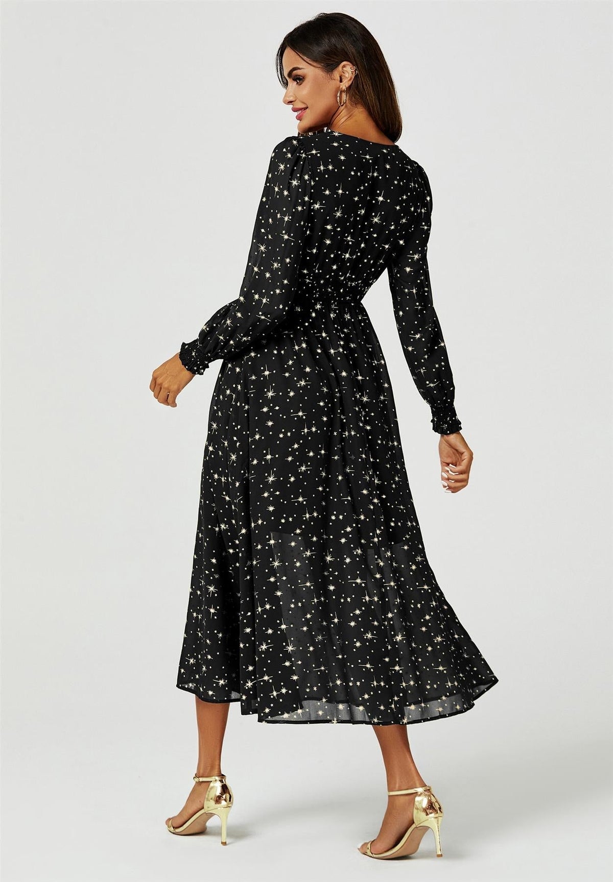 Sternenstaub Maxikleid mit Goldsternen in Schwarz