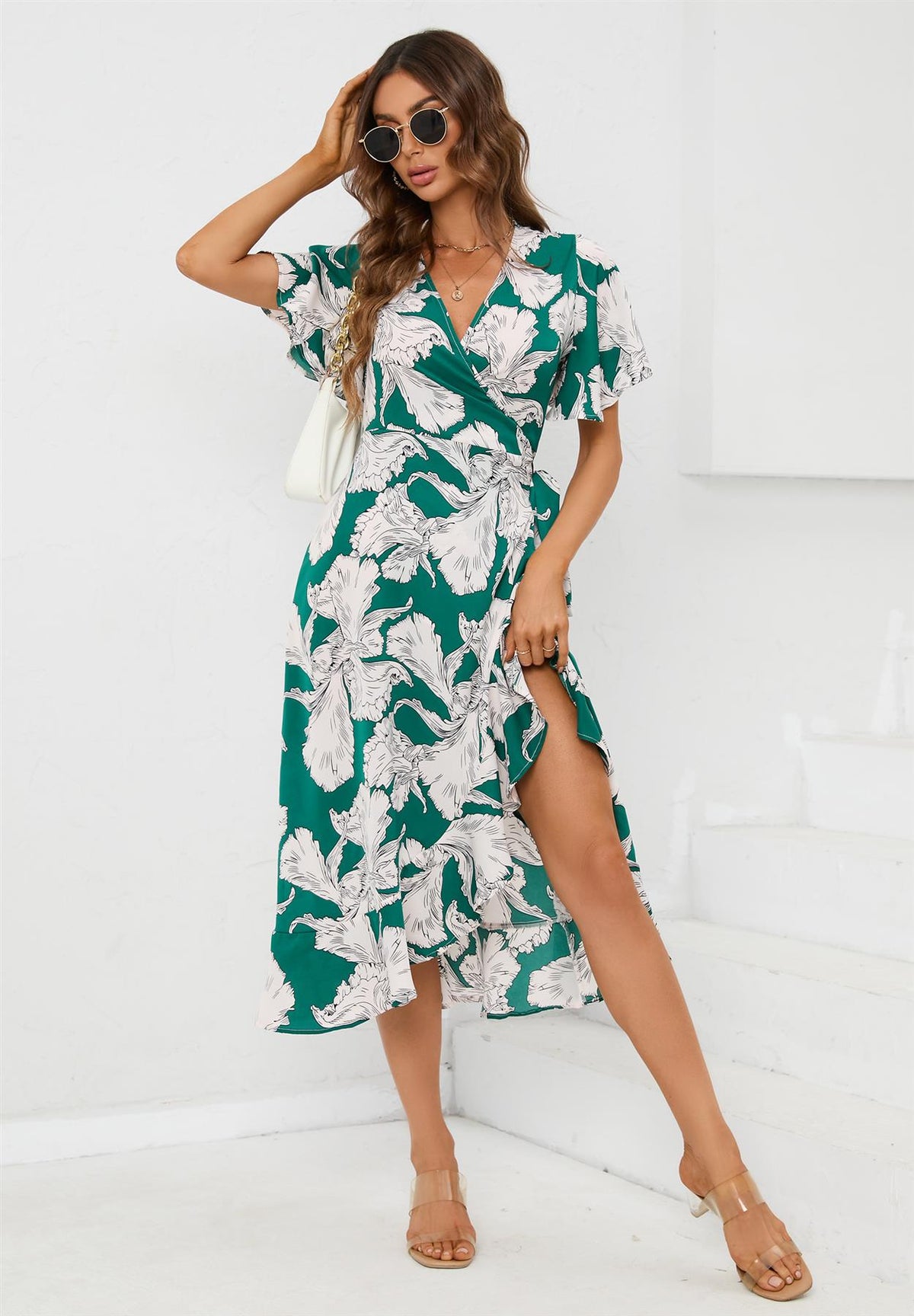Botanica Wickelkleid mit großen Blüten in Grün