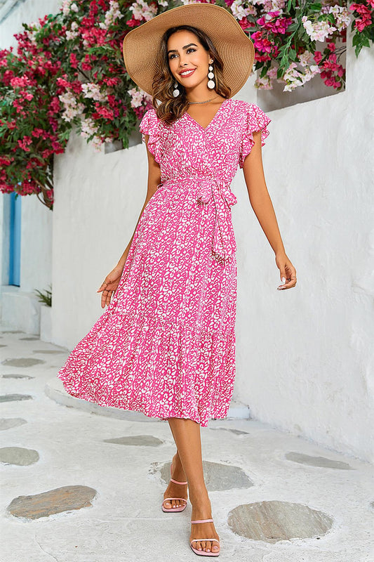 Fuchsia-Pinkes Leoparden Midi-Kleid - Fließende Wickel-Optik