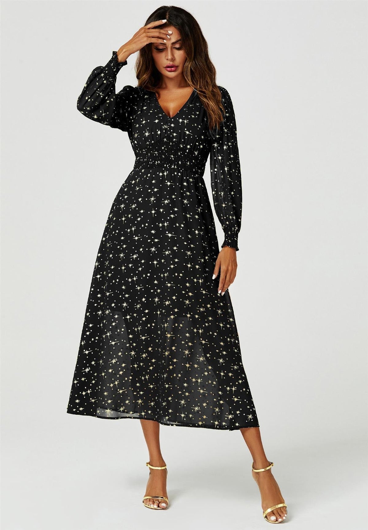 Sternenstaub Maxikleid mit Goldsternen in Schwarz