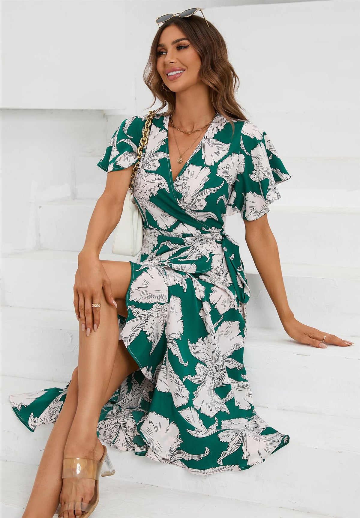 Botanica Wickelkleid mit großen Blüten in Grün