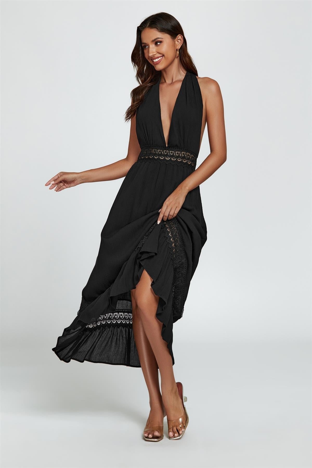 Onyx Neckholder Maxikleid mit Spitze