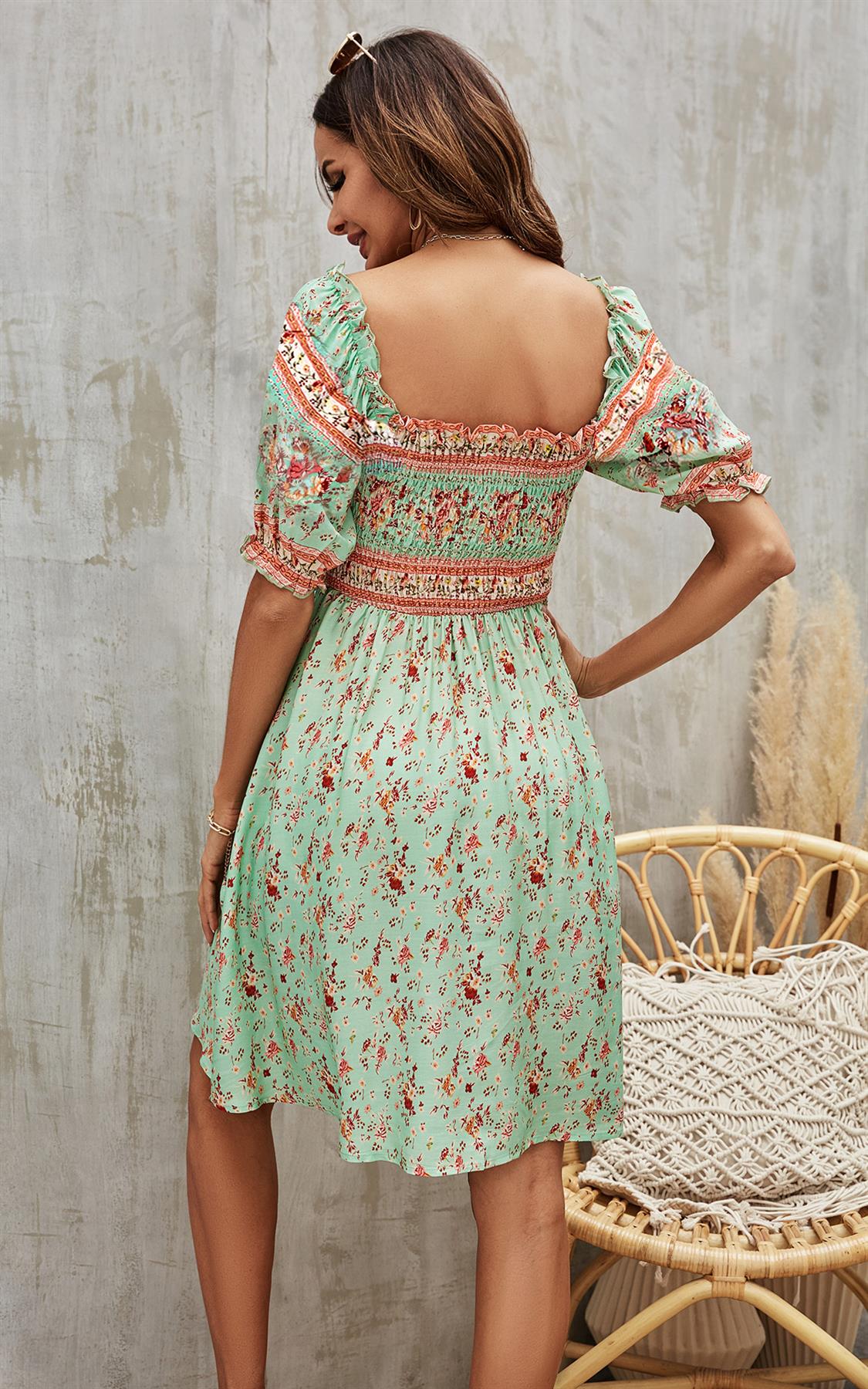 Mintgrünes Boho Minikleid - Gesmoktes Oberteil mit Puffärmeln