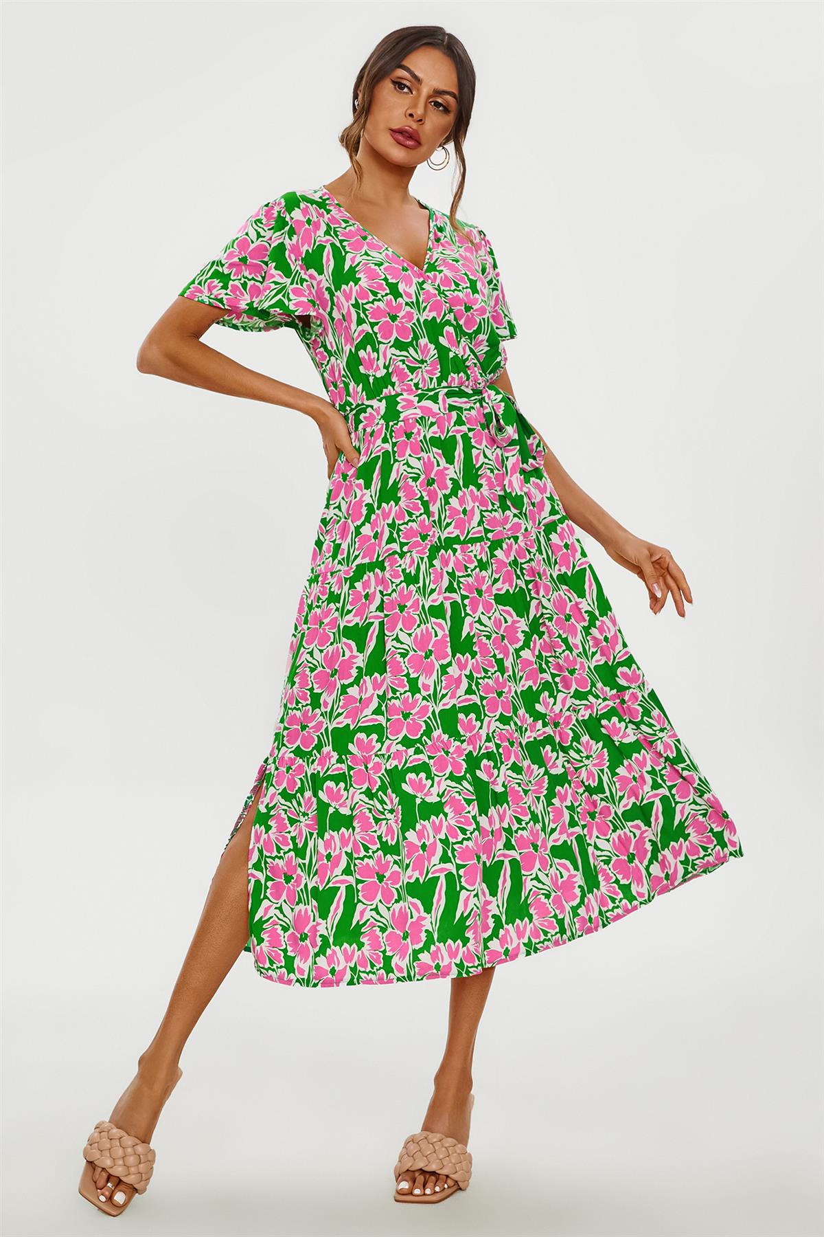 Flamingo Midikleid mit Blumen und Wickeloberteil