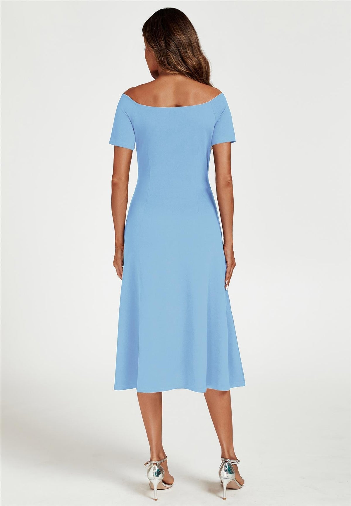 Aquamarin Carmen Midikleid mit Schleife in Hellblau