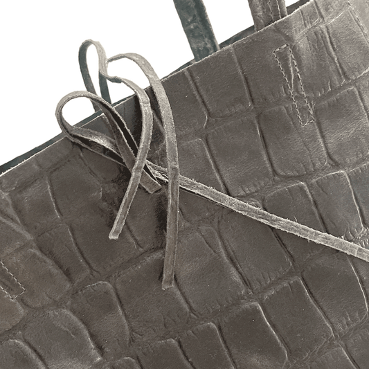 Leder Shopper mit Innentasche Kroko Grau
